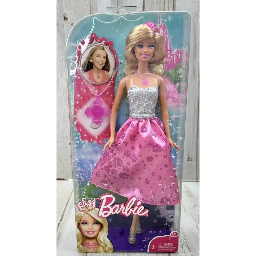 Barbie Princess Blonde Barbie Doll Gift Girl Necklace Pink Dress Crown *Read